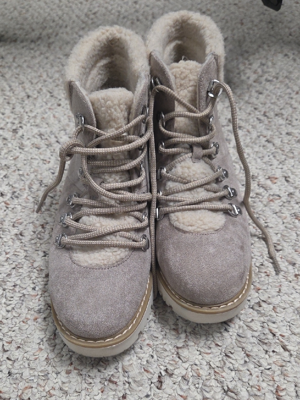 Faux-Shearling Suede Lace-Up Hiker Boots - Taupe